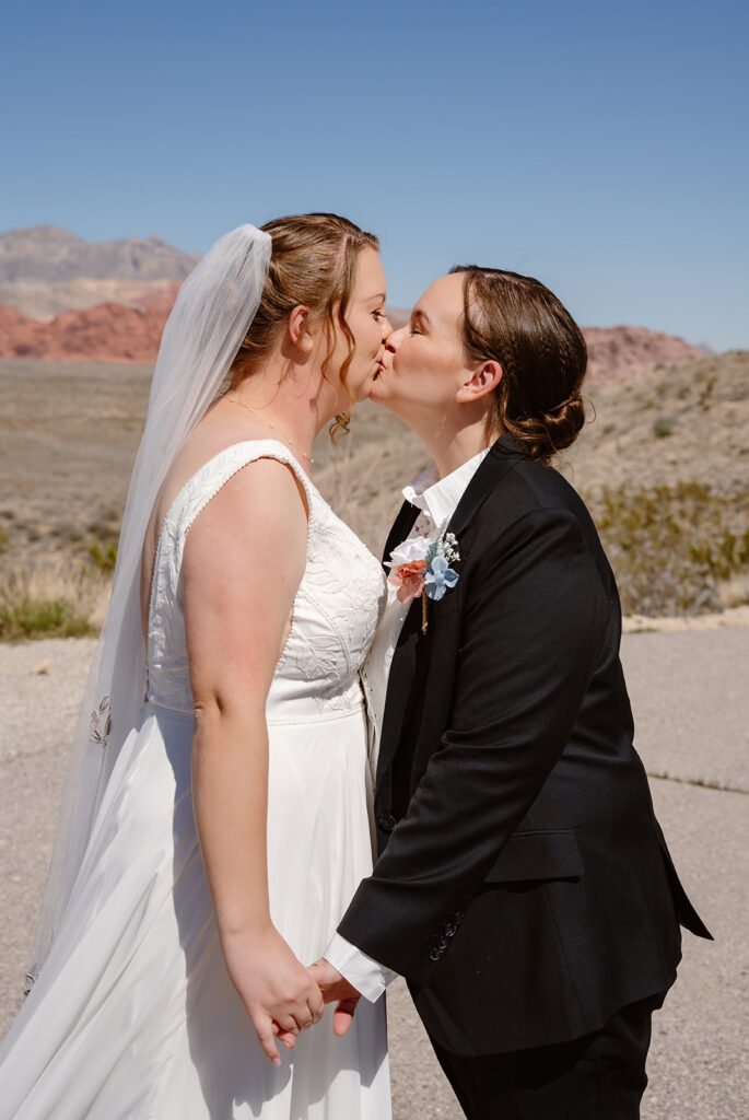 Two brides kiss after being pronounced married